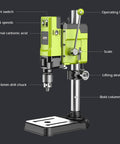 Close-up of 6 Speed Bench Drill Press With 13mm Stainless Steel Chuck For Wood And Metal Drilling, highlighting control features.