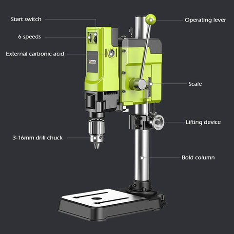 Close-up of 6 Speed Bench Drill Press With 13mm Stainless Steel Chuck For Wood And Metal Drilling, highlighting control features.