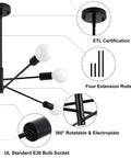 Specifications of Six Light Black Orbital Style Chandelier For Dining Room And Living Spaces, Dope Mid Century Modern Ceiling Fixture, 26 Inch Diameter, highlighting ETL certification, four extension rods, 360° rotation, and UL bulb socket.
