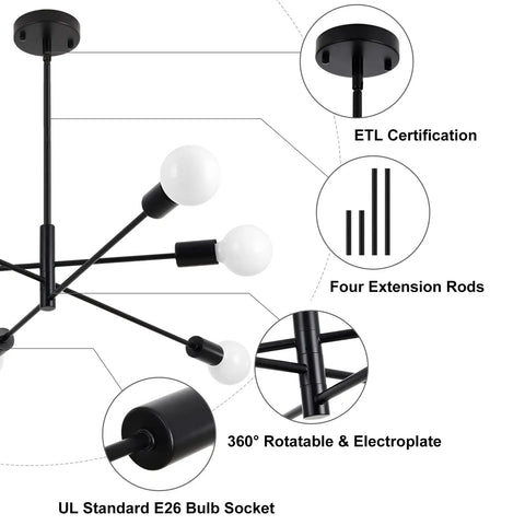 Specifications of Six Light Black Orbital Style Chandelier For Dining Room And Living Spaces, Dope Mid Century Modern Ceiling Fixture, 26 Inch Diameter, highlighting ETL certification, four extension rods, 360° rotation, and UL bulb socket.