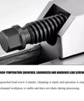 Premium 5-Inch Bench Vice With HRC62 Hardened Alloy Steel Construction showing high-temperature quenched lead screw for stability.