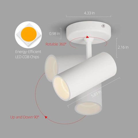 Diagram of LED Modern Directional Dimmable Spotlight with 90 Degree Adjustable Beam, featuring dimensions and energy-efficient chips.