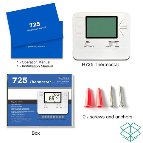 Box contents with 5/1/1 Day Programmable Heat Pump Thermostat For 2H/1C Systems, installation manuals, screws, and anchors