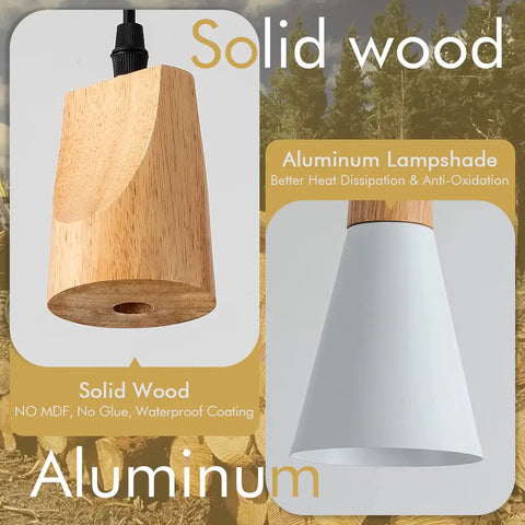 Close-up of Three Pack White Modern Minimalist Pendant Lights Kit with solid wood and aluminum lampshade.