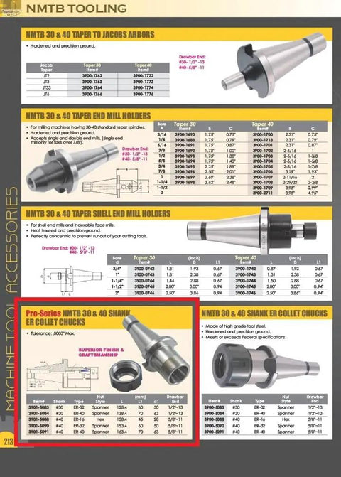 Illustrated catalog page featuring Pro Series NMTB ER 32 Collet Chuck With Drawbar End, Size Forty, Five Eighths Inch By Eleven Thread.