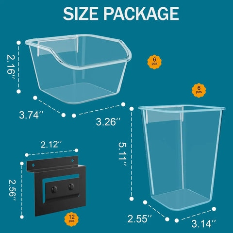 Diagram showing dimensions of 12 Pack Slatwall Storage Organizer Set With 6 Slatwall Boxes And 6 Cups, Transparent Containers With Metal Hooks