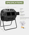 43 Gallon Black Compost Tumbler Dual Rotating Outdoor Garden Bin with Iron and PP Construction, dimensions 28.5" x 25" x 37"