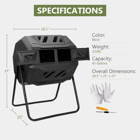 43 Gallon Black Compost Tumbler Dual Rotating Outdoor Garden Bin with Iron and PP Construction, dimensions 28.5" x 25" x 37"