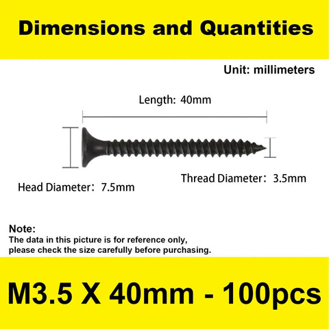 Diagram showcasing dimensions of an M3.5 x 40mm screw - head diameter 7.5mm, thread diameter 3.5mm, length 40mm - pack of 100.