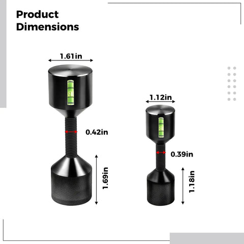 Beefy 2-Piece Aluminum Flange Alignment Dowel Pin Set With Foam Spirit Level shown with dimensions in inches