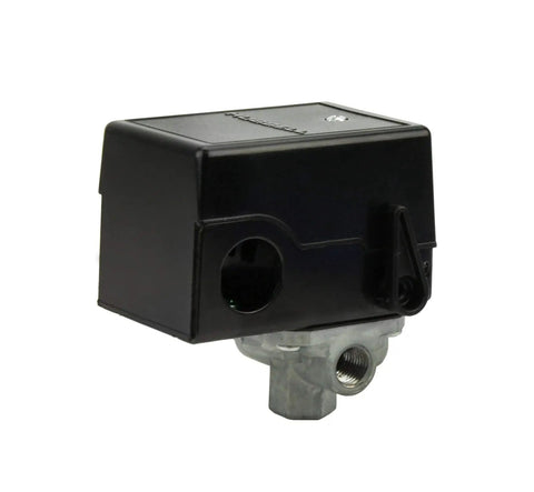 Side view of a Four Port 95-125 Psi Air Compressor Pressure Switch with Unloader Valve, manual on/off lever, and 1/4 inch compression connection.