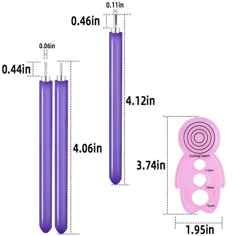 Image of 12 Piece Slotted Quilling Tool Set for Paper Crafting, showing purple slotted quilling needles and pink curling coach with measurements.