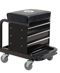 Mechanic Rolling Stool With Padded Seat And Three Drawer Tool Box For Garage Use With Pro Grade Ball Bearing Sliders