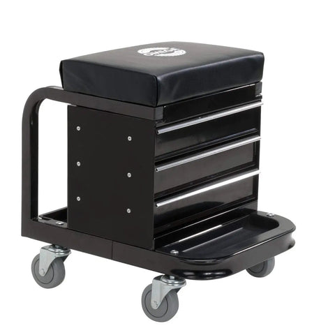 Mechanic Rolling Stool With Padded Seat And Three Drawer Tool Box For Garage Use With Pro Grade Ball Bearing Sliders