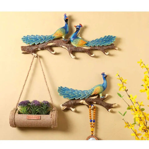 Wall Mounted Double Coat Hooks Straight Up Durable Bathrobe Hanger with peacock design for coats and keys.