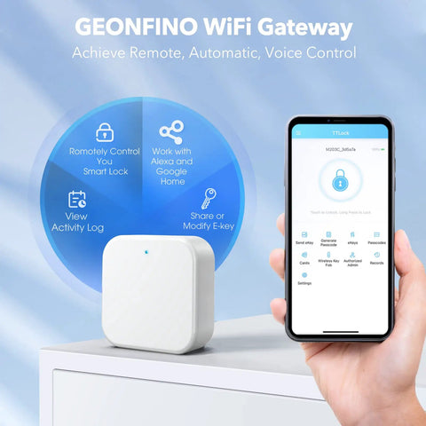 G2 WiFi Gateway For TTLock Keyless Entry next to smartphone displaying TTLock app interface for remote smart lock management
