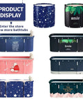 Display of various foldable portable bathtubs for home spa use, featuring different colors and patterns like stars and cactus.