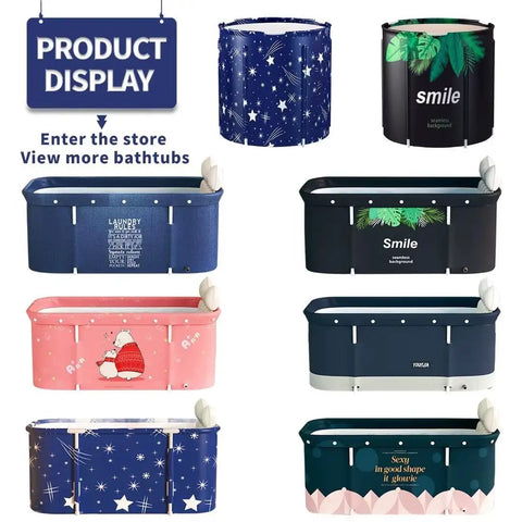 Display of various foldable portable bathtubs for home spa use, featuring different colors and patterns like stars and cactus.