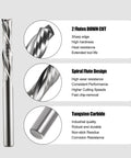 Downcut Spiral Double Flute CNC Router Bit Set One Eighth Inch Shank Tungsten Carbide End Mills For Wood Plastic Aluminum Five Pack with features