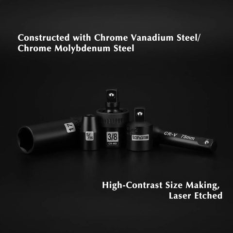 49-Piece Three-Eighths Inch Drive Impact Socket Set With Deep And Shallow 6-Point Sockets, SAE And Metric, CR-V Steel, Includes Extension Bars, Reducer, And Universal Joint Built Tough For Heavy Duty Auto And Garage Work