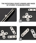 Hidden Door Pivot Hinges 12 Pack Heavy Duty Stainless Steel Rotating Hinges for Cabinets, various views and arrangements.