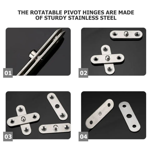 Hidden Door Pivot Hinges 12 Pack Heavy Duty Stainless Steel Rotating Hinges for Cabinets, various views and arrangements.