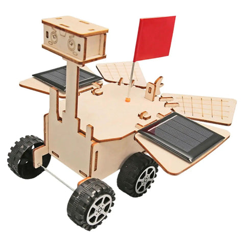 Solar Powered Mars Rover Kit Made Of Wood For DIY Engineers A Dope Educational STEM Project on wheels with red flag and solar panels.