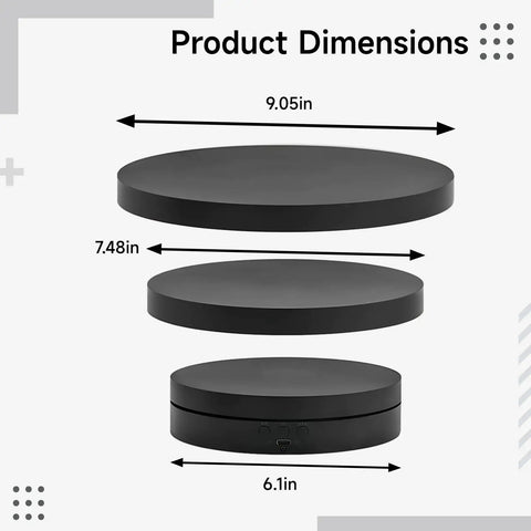 Huge 6.1 And 7.5 Inch Electric Rotating Display Stand With Remote Control For Jewelry And Collectibles 360 Degree Spin Turntable dimensions showing sizes in inches.