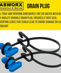 Two Pack Drain Plug Replacement With O Ring And Retaining Strap For Volvo Penta Marine Manifold Block Fits 4 3L 5 0L 5 7L Engines Blue Nylon Plugs Replaces 2114522 3849500 3849892 displayed on white background.