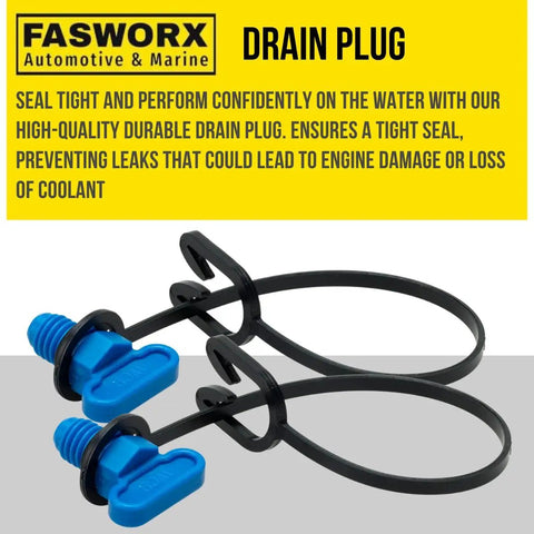 Two Pack Drain Plug Replacement With O Ring And Retaining Strap For Volvo Penta Marine Manifold Block Fits 4 3L 5 0L 5 7L Engines Blue Nylon Plugs Replaces 2114522 3849500 3849892 displayed on white background.