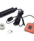 Heavy Duty Compact Submersible Sump Pump With 16 Foot Plug And Play Cord For Rapid Pond Drainage Window Well Relief And Rain Barrel Hauling Battery Ready Heavy Lifter, featuring pump body and accessories.