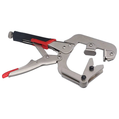 Heavy Duty C Clamp Locking Pliers With 270 Degree Rotatable Jaws For Welding Projects Chrome Steel Construction in close-up angle.