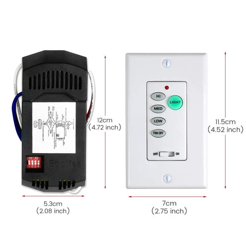 All In One Ceiling Fan Remote Control Kit With Light Dimmer And 3 Speed Control, Wall Mount Ready dimensions and components view