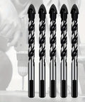 Heavy Duty Cross Hex Drill Bit Set With Hole Saw For Glass Ceramic Wood Plastic Tile Plus Metal Alloy Construction Featuring Tungsten Carbide Tips, five bits displayed.