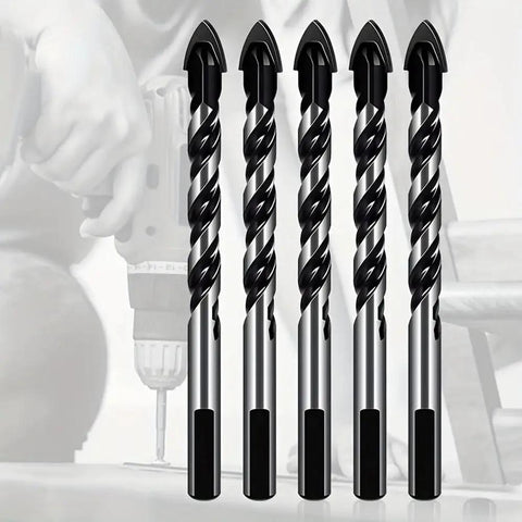 Heavy Duty Cross Hex Drill Bit Set With Hole Saw For Glass Ceramic Wood Plastic Tile Plus Metal Alloy Construction Featuring Tungsten Carbide Tips, five bits displayed.