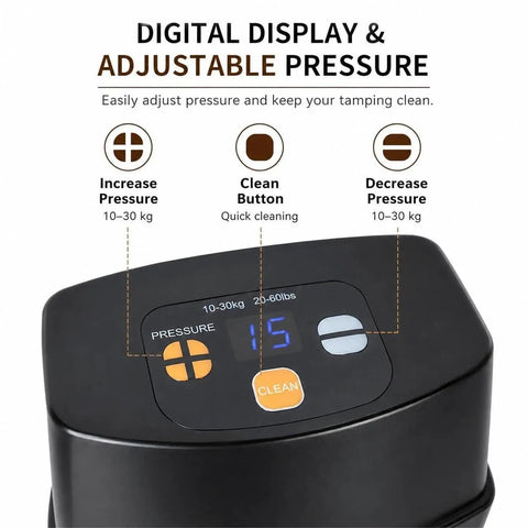 Digital display of 58mm Automatic Electric Espresso Tamper with adjustable pressure for home baristas.