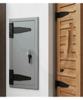 Heavy-Duty Steel T Shape Hinges Set, 10 Pcs, on gray door and wooden gate, showing anti-bend design and 270-degree swing