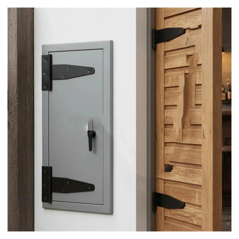 Heavy-Duty Steel T Shape Hinges Set, 10 Pcs, on gray door and wooden gate, showing anti-bend design and 270-degree swing