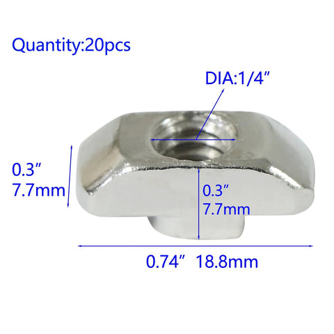 Drop-In T-Nut 1/4-20 Threaded Steel For Aluminum Extrusion Profiles 20 Pack with measurements 0.3x0.74 inch size shown