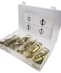 Locking Pin Assortment Kit With Fifty Pieces M4.5 M6 M8 M11 Spring Steel Annular Ring Clips For Farm Tractor Trailer Mower And Truck Repairs Heavy Duty Easy To Install High Quality Vehicle Maintenance, open case with assorted locking pins