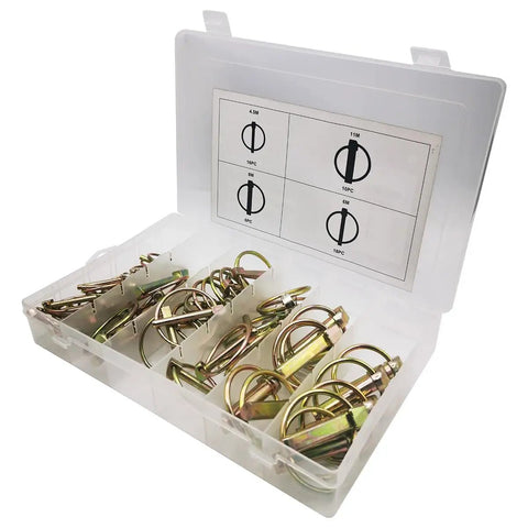 Locking Pin Assortment Kit With Fifty Pieces M4.5 M6 M8 M11 Spring Steel Annular Ring Clips For Farm Tractor Trailer Mower And Truck Repairs Heavy Duty Easy To Install High Quality Vehicle Maintenance, open case with assorted locking pins
