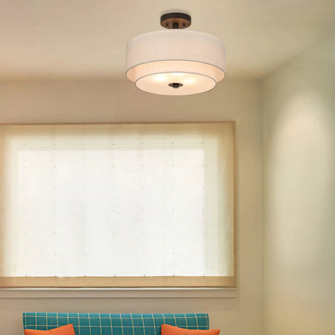 Three Light Drum Semi Flush Ceiling Light Fixture With Fabric Shade In Dark Bronze Finish For Bedroom And Living Room Sleek Modern Close-To-Ceiling Lighting