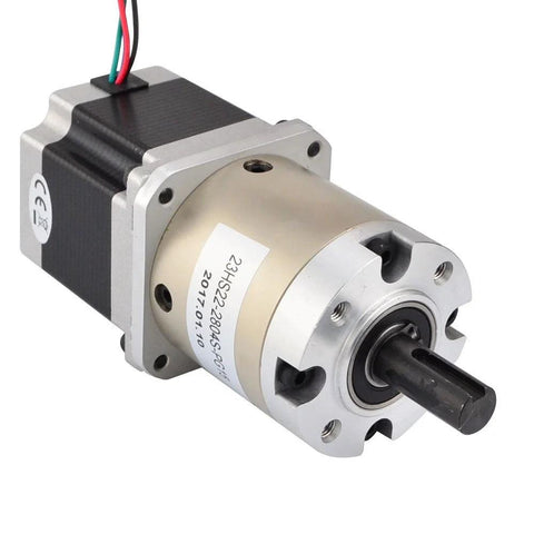 NEMA 23 stepper motor with 15:1 planetary gearbox, 2.8A, angled front view