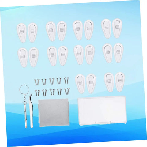 Image of Glasses Nose Pads Replacement Kit With Multifunctional Screwdriver Tool For Easy Eyewear Repair Snug Fit And Quick Installation Durable Silicone Pads All In One Repair Set, showing silicone pads, screws, screwdriver, and tool.