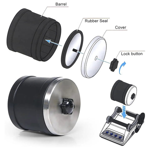 Exploded view of the Lit Rock Polisher Kit For Gem Making, Electric Tumbler With Timing Buttons showing barrel, seal, cover, and lock button.