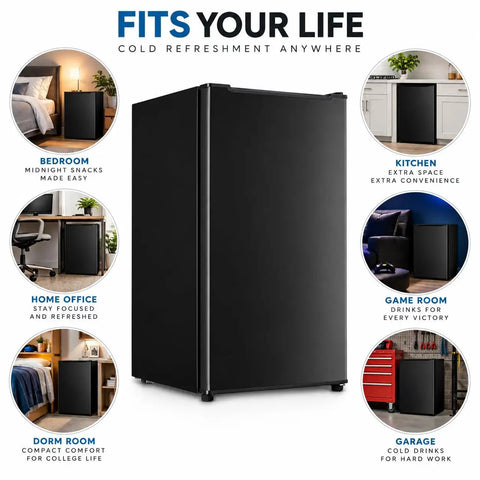 Kickin Compact 3.2 Cubic Foot Upright Freezer Solid Black Design for tight spaces in kitchen and dorm rooms.