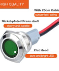 Two Pack 16mm Five Eighth Inch LED Indicator Light 110 to 220 VAC 20 mA Energy Saving Metal Waterproof IP67 Flat Head Pilot Lamp With 20 cm Wire For Car Truck Boat Green LED Industrial Grade, green flat head with 20 cm wire