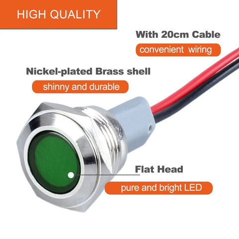 Two Pack 16mm Five Eighth Inch LED Indicator Light 110 to 220 VAC 20 mA Energy Saving Metal Waterproof IP67 Flat Head Pilot Lamp With 20 cm Wire For Car Truck Boat Green LED Industrial Grade, green flat head with 20 cm wire