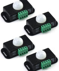 Motion Sensor Led Switch Four Pack With Timer Function No Fuss Auto On Off 12 To 24V 6A Load Detects From Five To Eight Meters Adjustable One To Ten Minute Delay 60 Degree Field Of View Infrared Dome Sensor For Lights And Appliances, four black PIR units