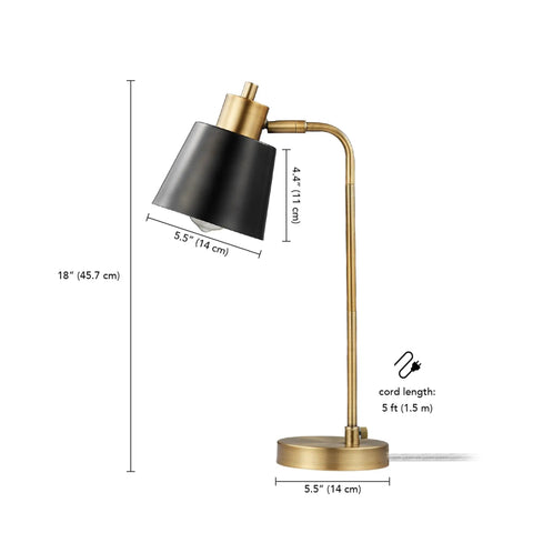 18 Inch Matte Brass Desk Lamp With Matte Black Shade, Adjustable Pivot For Precise Reading And Desk Work, Dope Sleek Modern Mid Century Style Lighting For Home Office Or Nightstand. 18-inch brass desk lamp with black shade and dimensions.
